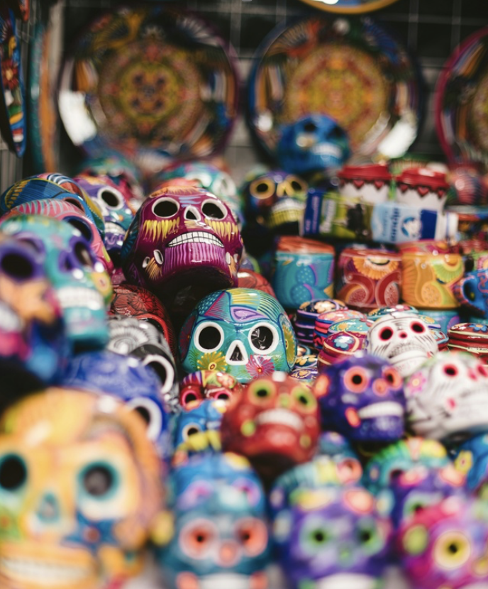 Hand-painted Mexican calaveras at a local market